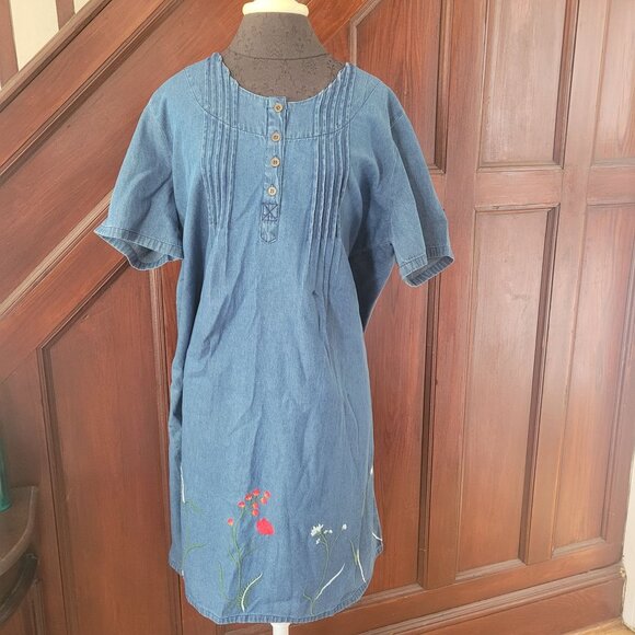 Country Store Embroidered Denim Tunic Dress XL Blue Floral Buttons Short Sleeve - Picture 1 of 8